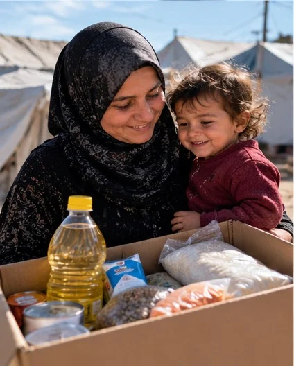 Kampta kucağındaki çocuğuyla erzak kolisinin başında anne (temsilî görsel)